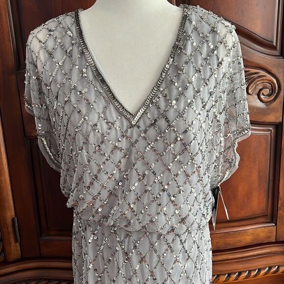 Adrianna Papell sequin lattice dress with flutter sleeves in Bridal Silver-NWT - Picture 6 of 10
